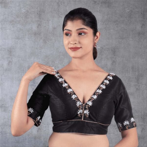 Black Hand Embroidery V Neck Blouse - Image 2