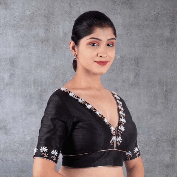 Black Hand Embroidery V Neck Blouse - Image 3
